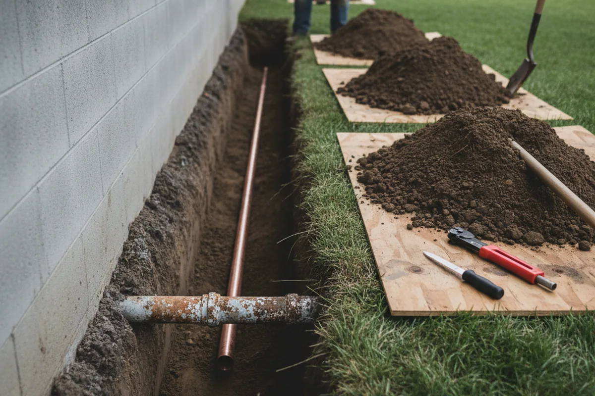 Excavated water line trench during Water Heater Repair in Fairchild Air Force Base